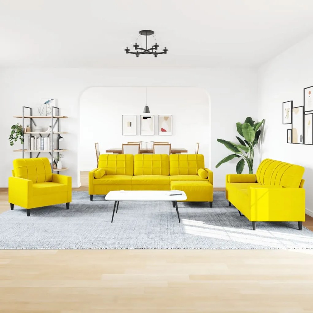4 pcs conjunto de sofás com almofadões e rolos veludo amarelo