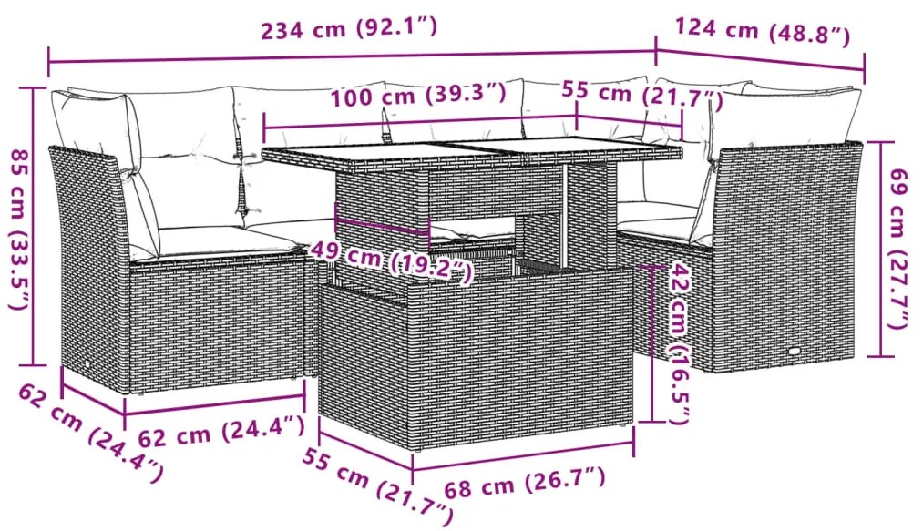 6 pcs conjunto sofás de jardim com almofadões vime cinzento