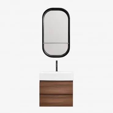 Conjunto De Móvel De Casa De Banho Em Madeira E Chapa De Freixo Com Lavatório Integrado Ona Madeira Escura & Oval Com Prateleira Preto - Sklum