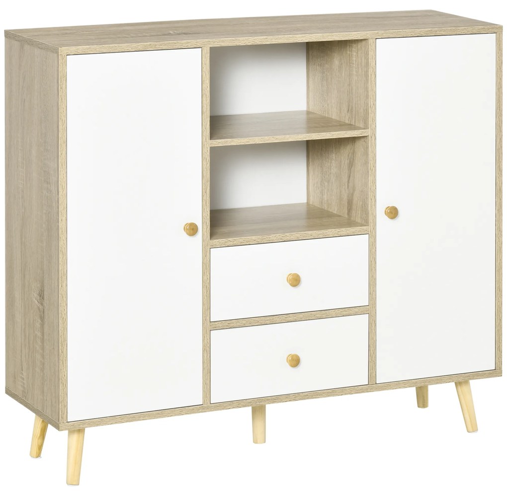 HOMCOM Aparador de Sala de Estar com 2 Portas 2 Gavetas e 2 Prateleiras Abertas Móvel Auxiliar de Armazenamento para Cozinha Entrada 100x30x85cm Branco e Natural
