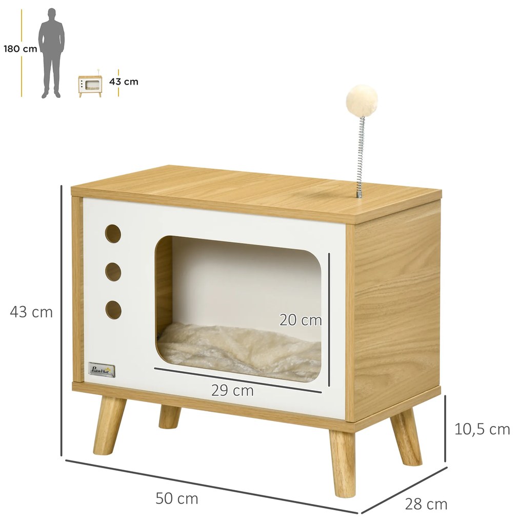 PawHut Mesa Auxiliar Cama Caverna para Gatos com Estilo Televisor Casa para Gatos com Almofada Suave Lavável Bola e Pés Elevados 50x28x43cm Carvalho