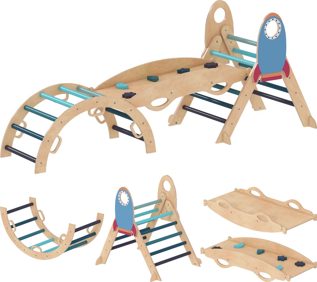 AIYAPLAY Triângulo de Escalada Montessori 7 em 1 Estrutura de Escalada de Madeira Tema de Foguete Azul | Aosom Portugal