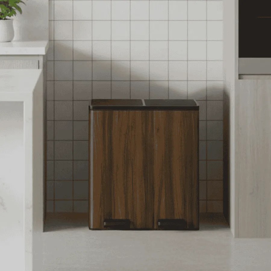 Caixote do lixo 58,5 x 32 x 65 cm de 60 L com  2 compartimentos, caixotes interiores removíveis com pedal castanho