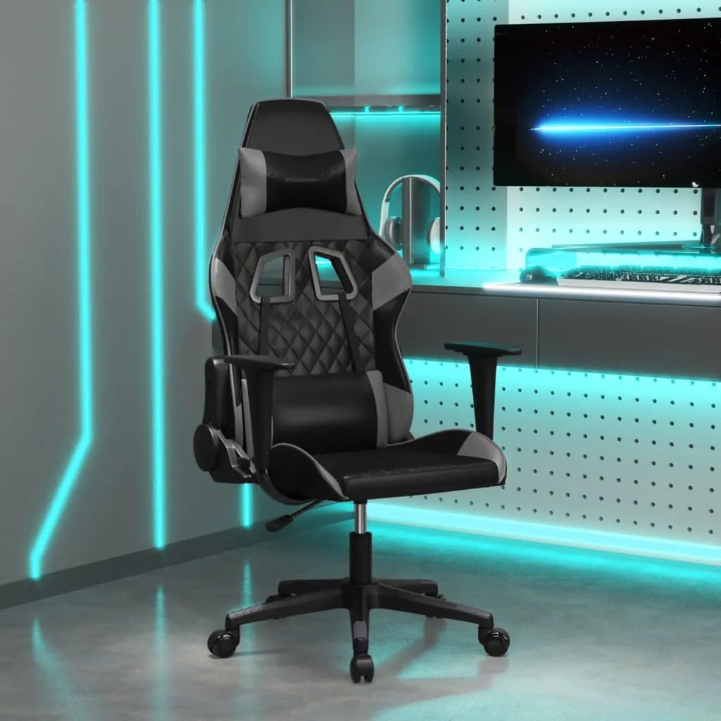vidaXL Cadeira gaming massagens couro artificial preto e cinzento