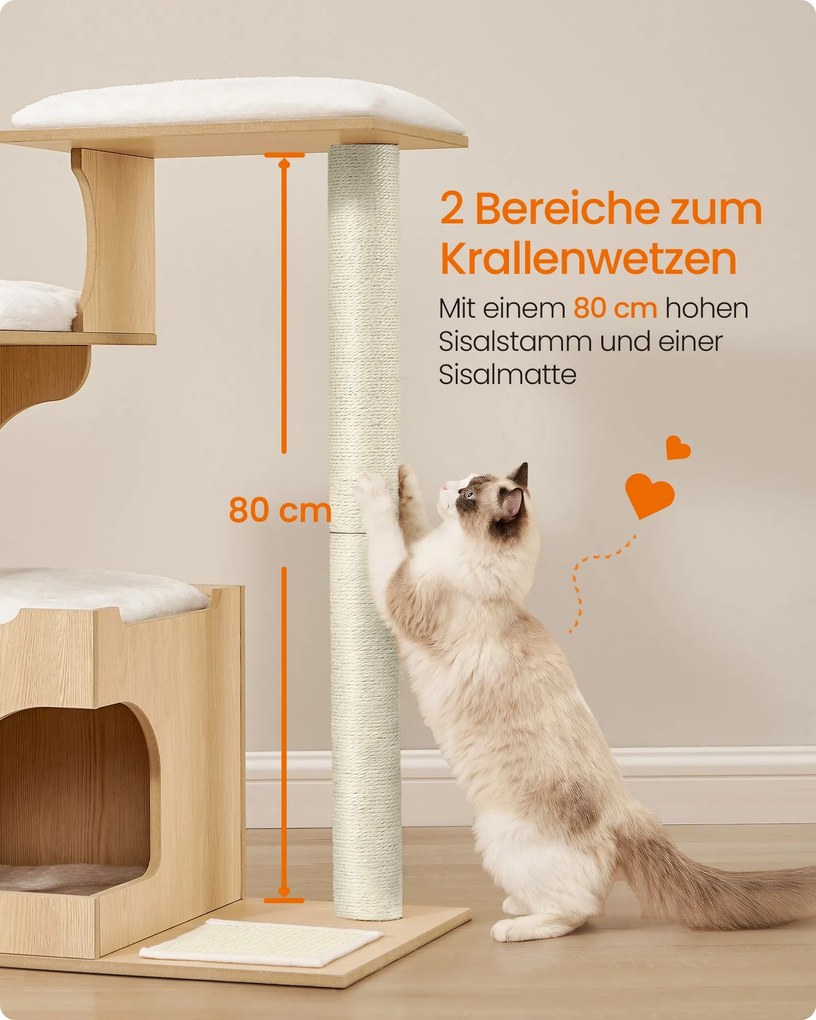 Arranhador Gatos de 88 cm, amarelo amêndoa, com caverna e tapete de sisal amarelo amêndoa