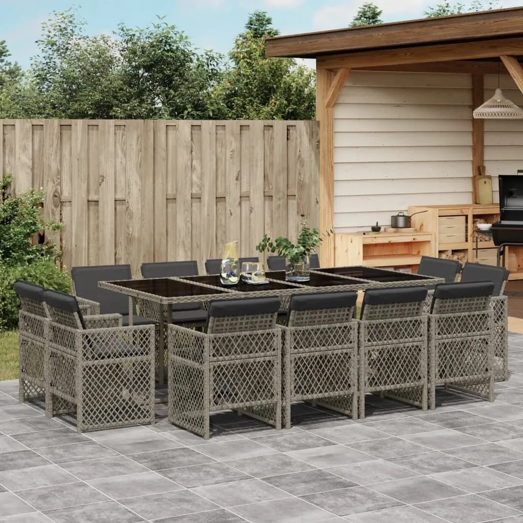 vidaXL 13 pcs conjunto jantar p/ jardim c/ almofadões vime PE cinzento