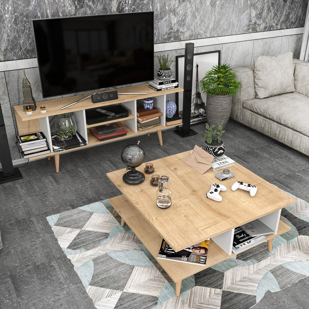 Mesa de Centro Akya – Carvalho e Branco – 89x89x44 cm