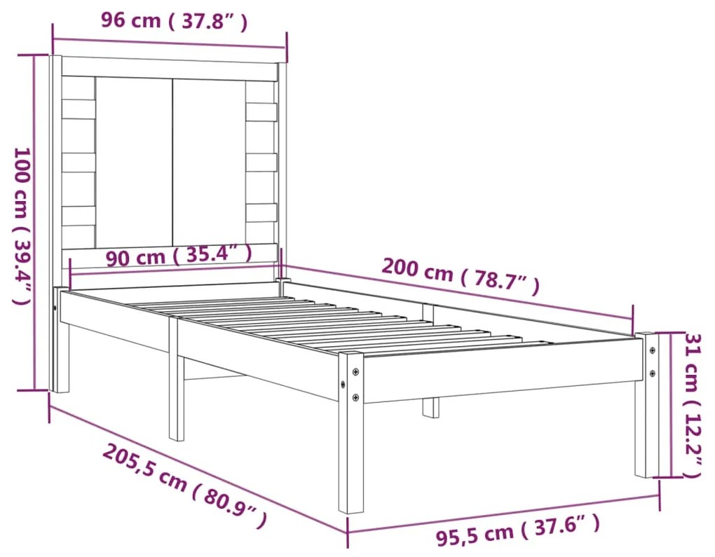 Cama sem colchão 90x200 cm madeira de pinho maciça