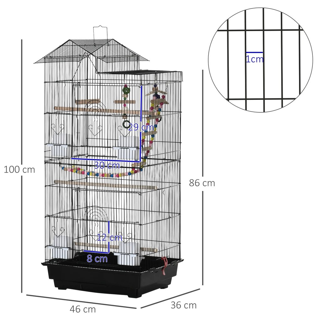 Gaiola para Passáros Gaiola de Metal com Múltiplas Portas 4 Comedouros 3 Poleiros Baloiço Escadas e Bandeja Removível para Periquitos Canários 46x36x1