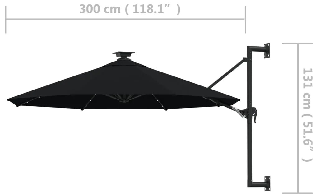 Guarda-sol para jardim de parede com luzes LED 300 cm preto