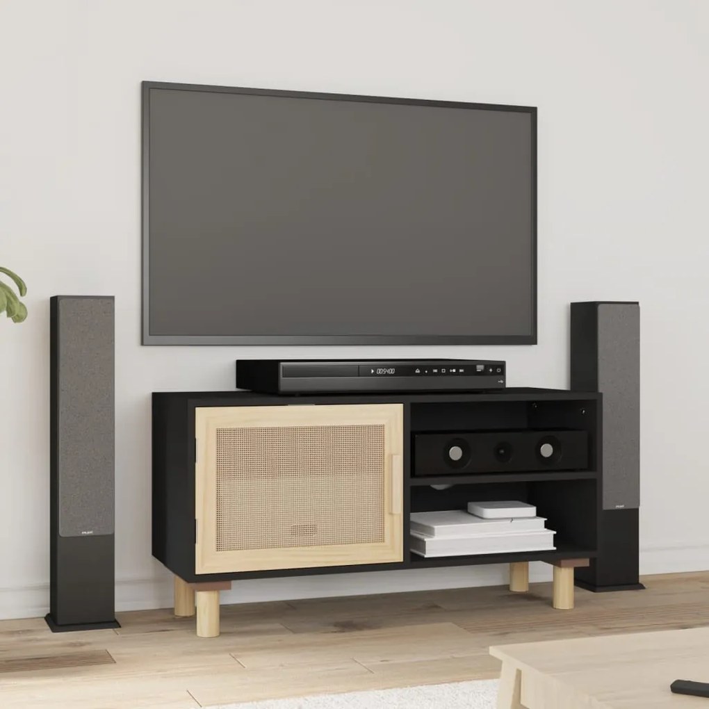 vidaXL Móvel de TV 80x30x40 cm pinho maciço/vime natural preto