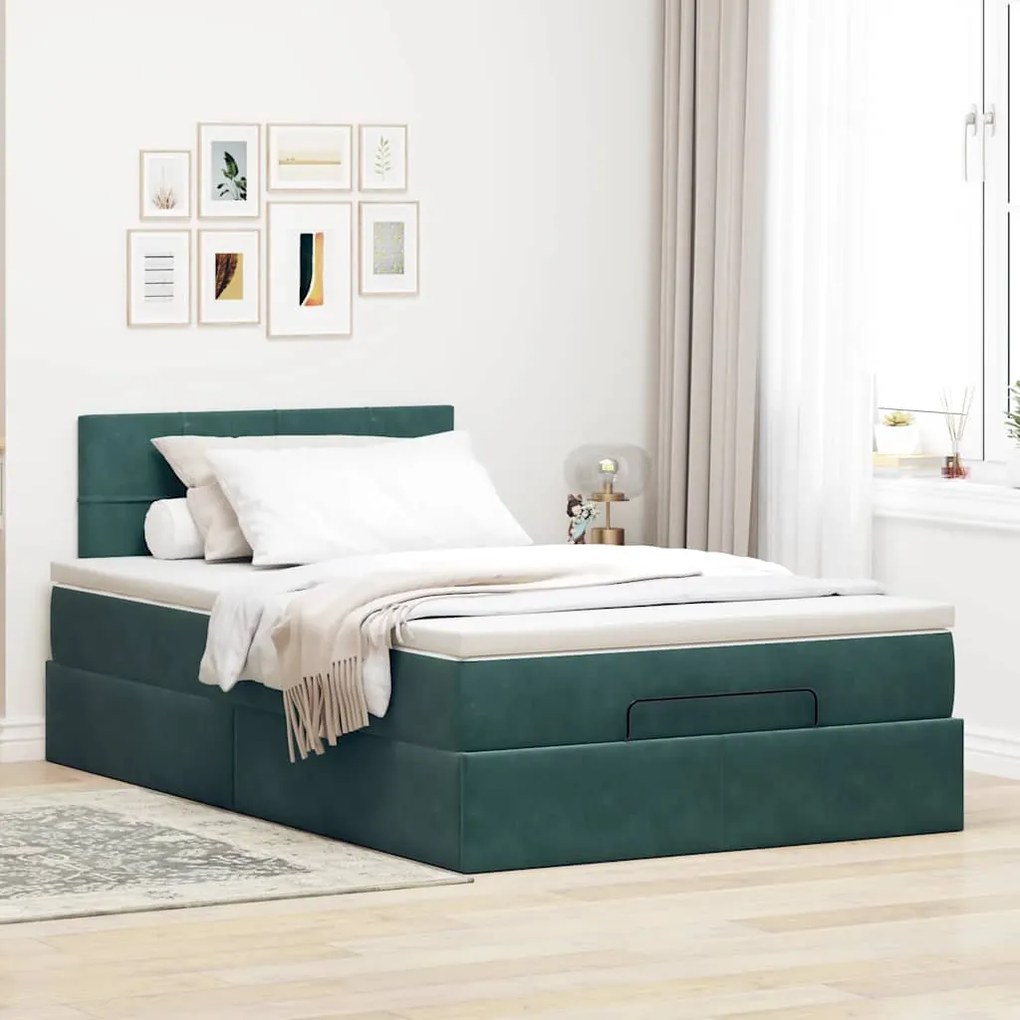 Estrutura de cama otomana com colchão verde escuro veludo