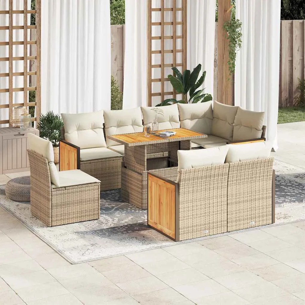 vidaXL 9 pcs conjunto sofás jardim com almofadões vime PE/acácia bege