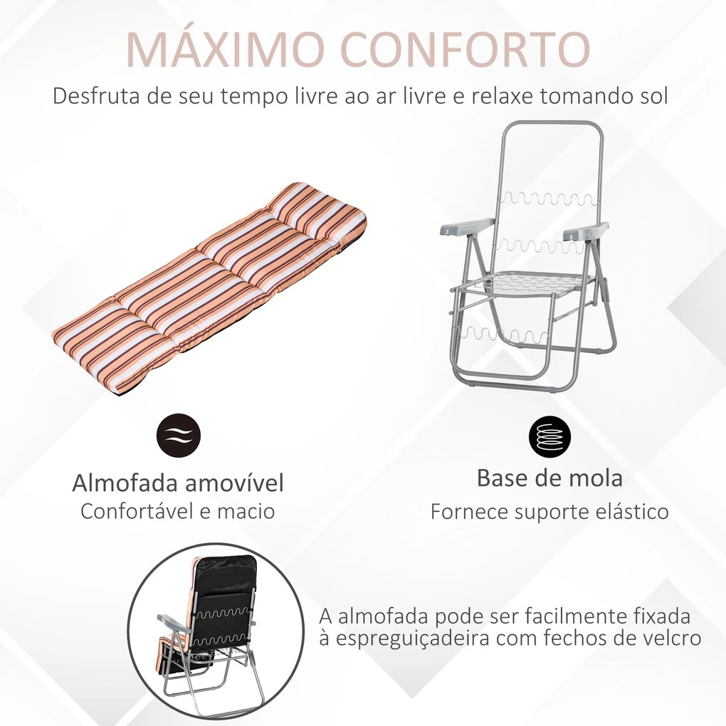 Outsunny 2 Espreguiçadeiras de Jardim Dobráveis Espreguiçadeiras de Aço com Almofada Acolchoada Encosto Ajustável em 5 Posições e Apoio para os Pés 60x75x65-102cm Laranja e Branco