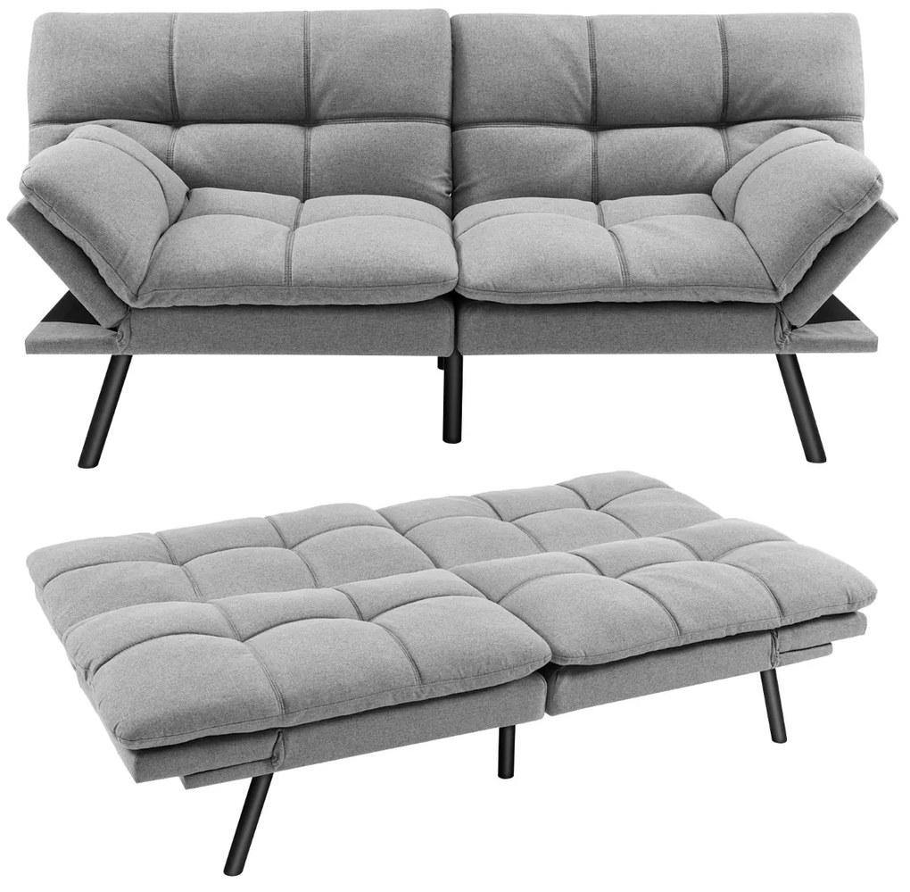 Sofá-cama conversível dobrável Futon de 3 lugares com encosto e apoios de braços ajustáveis para casa e escritório Cinzento
