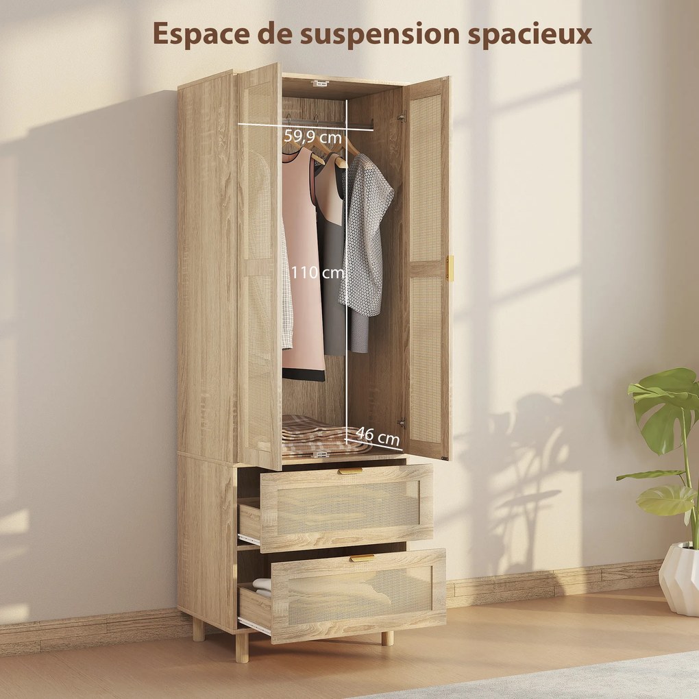 Guarda Roupa de Quarto com 2 Portas e 2 Gavetas, 63 x 47 x 185 cm, Design em Rotim, Madeira Natural