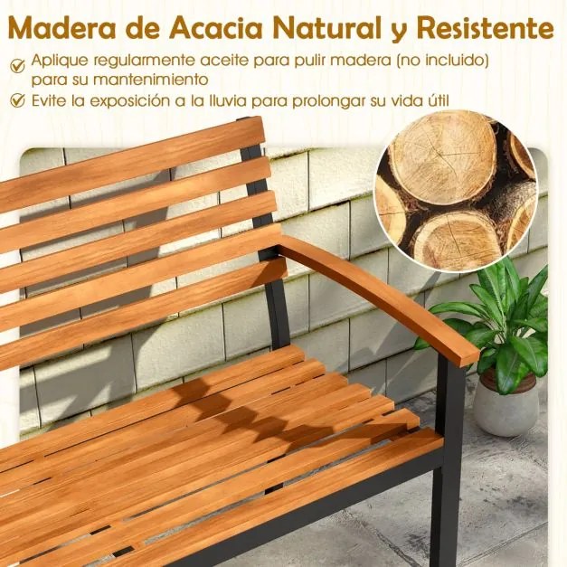 Banco Jardim 118 x 59 x 86 cm de dois lugares em madeira de acácia com Estrutura metálica preta e natural
