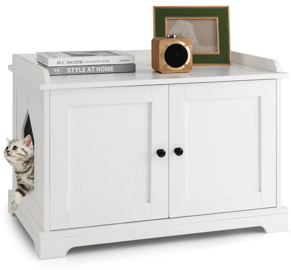 Mesa auxiliar para caixa areia gatos (NÂO INCLUIDA) 75 x 51 x 53 cm com divisória ajustável e tabuleiro para arranhar Branca