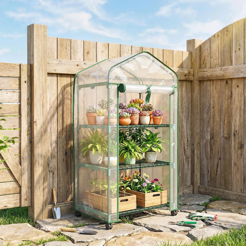 Mini estufa de jardim com 3 prateleiras 69 x 49 x 130 cm, lona de PVC de alta densidade, porta enrolável e 4 Rodas, transparente