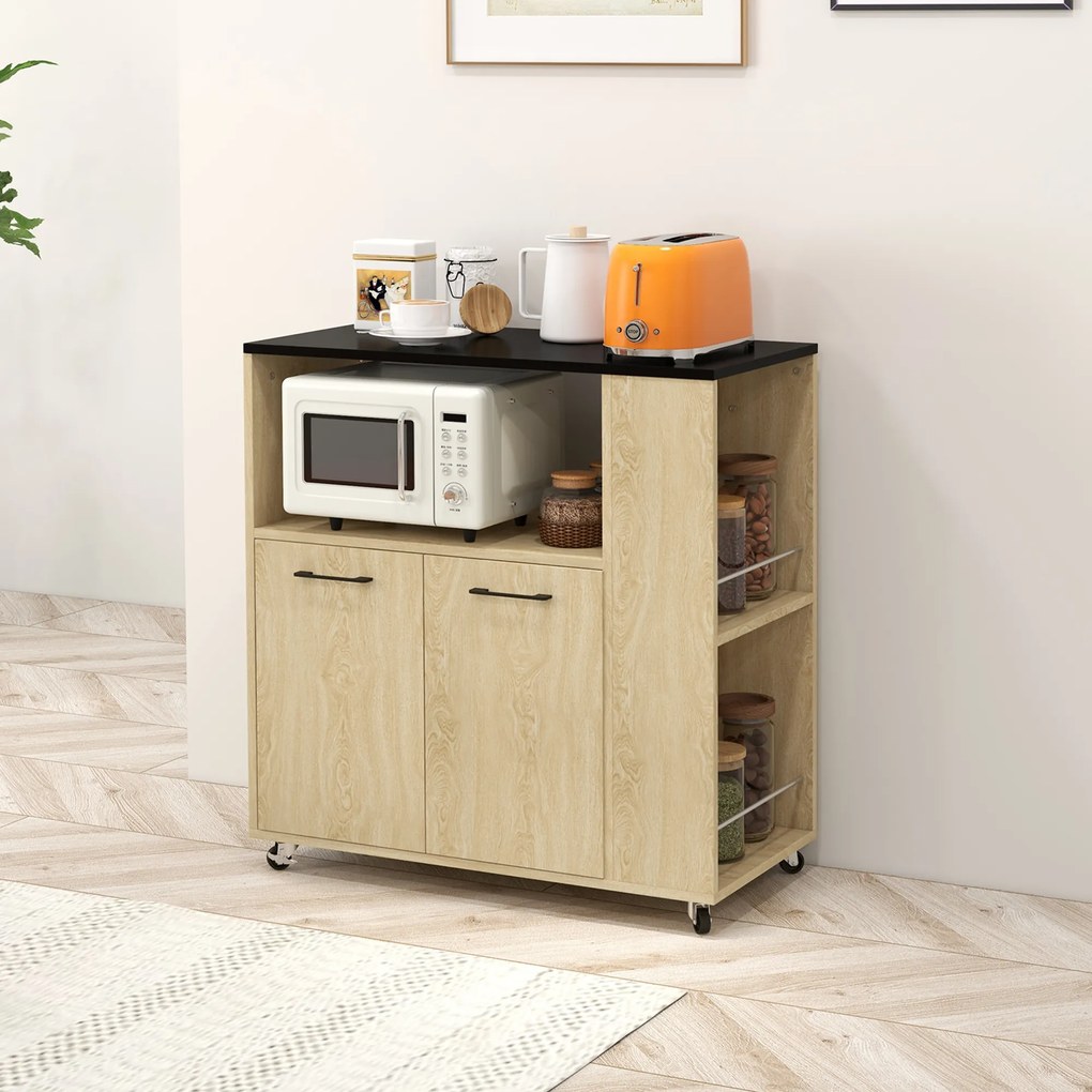 Carrinho de Cozinha com Rodas 2 Portas Prateleira Ajustável Porta-Especiarias para Sala de Jantar 75x40x80,5 cm Madeira