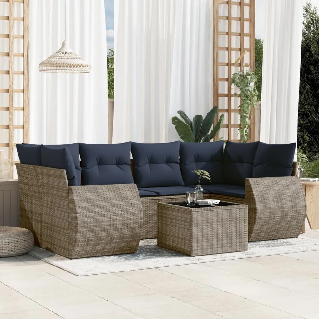 vidaXL 7 pcs conjunto sofás p/ jardim c/ almofadões vime PE cinzento
