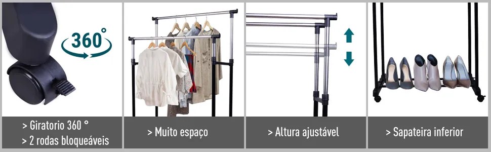 HOMCOM Charriot com Altura Ajustável Cabide com 4 Rodas para Roupa Aço Inoxidável 80x43x85-155cm Preto