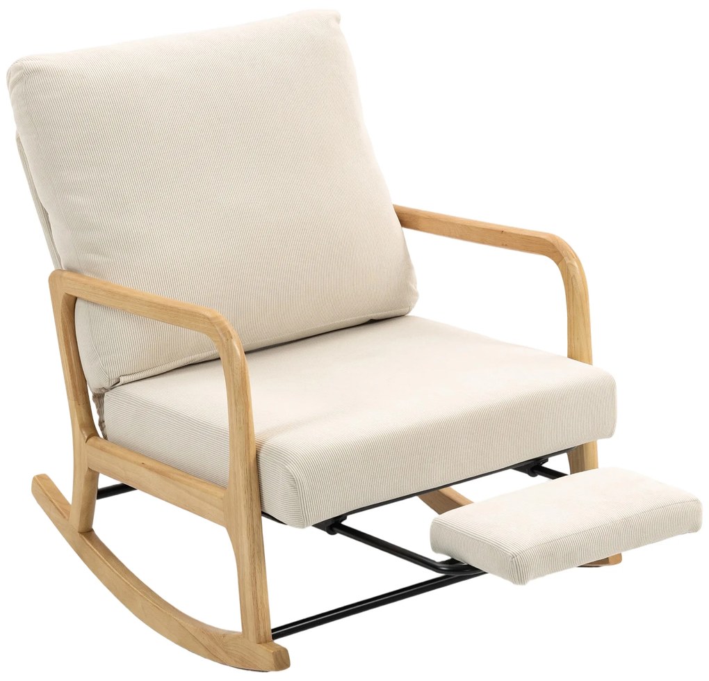 Poltrona Baloiço com Encosto Ajustável de Veludo Cotelê Nórdica Pés de Madeira Braços Almofada Lombar 70x89x97,5 cm Creme