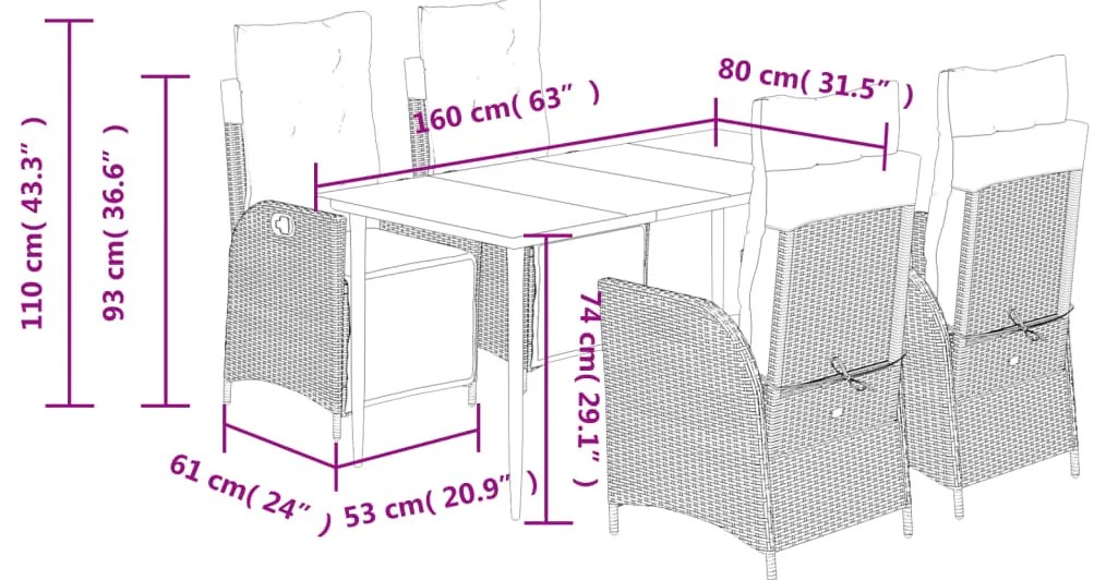5 pcs conjunto de jantar p/ jardim com almofadões vime PE bege