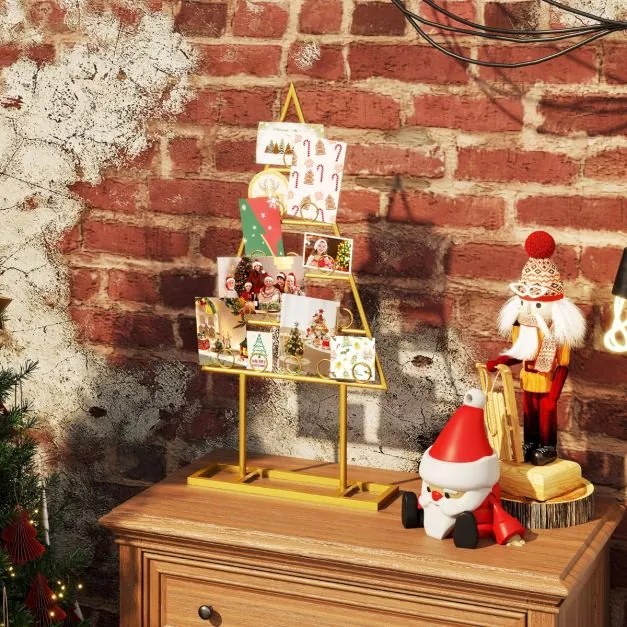 Conjunto de 2 suportes para cartões ou fotos em forma de árvore de Natal com 36 clipes redondos de metal dourados
