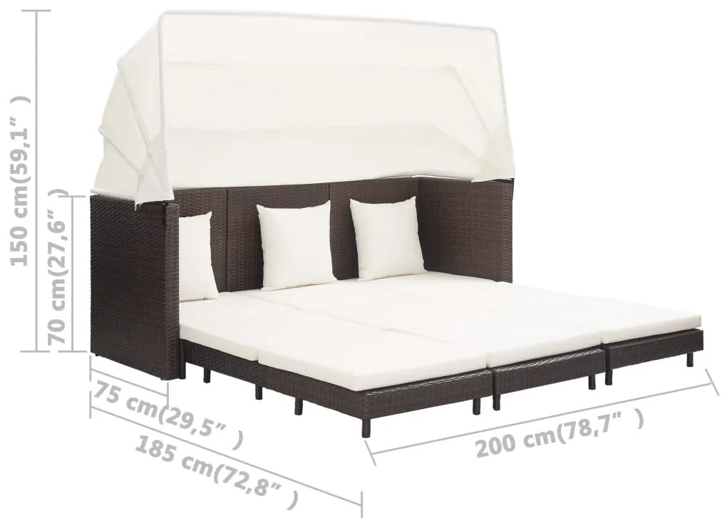 Espreguiçadeira extensível 3 lugares com toldo vime PE castanho
