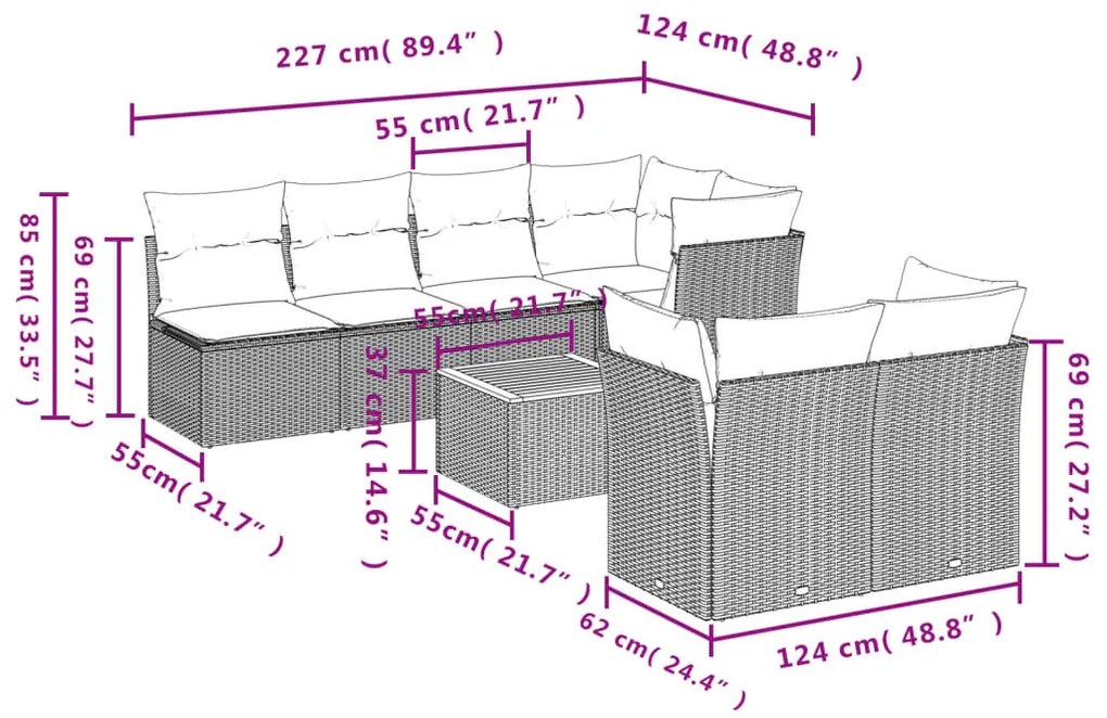 8 pcs conjunto sofás p/ jardim c/ almofadões vime PE cinzento