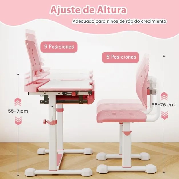 Conjunto de secretária e cadeira para crianças com altura ajustável, tampo inclinável, porta-copos, gaveta e cadeira ergonómica rosa