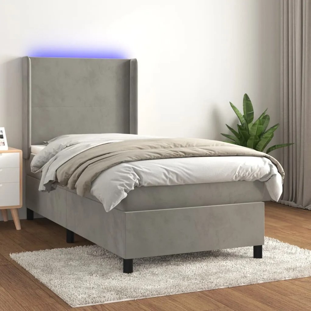 Cama box spring c/ colchão/LED 90x200 cm veludo cinzento-claro