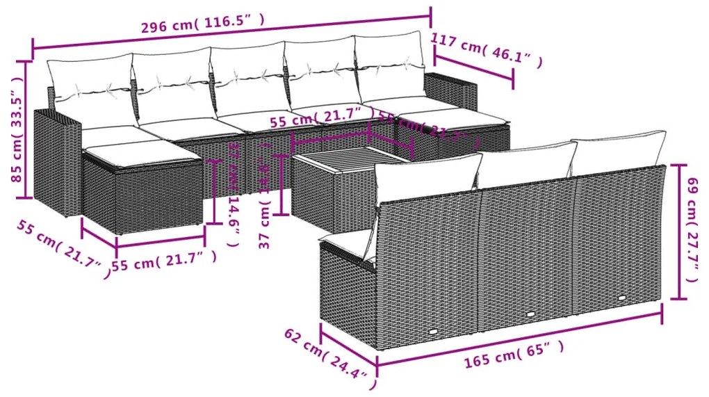 11 pcs conjunto sofás de jardim c/ almofadões vime PE cinzento