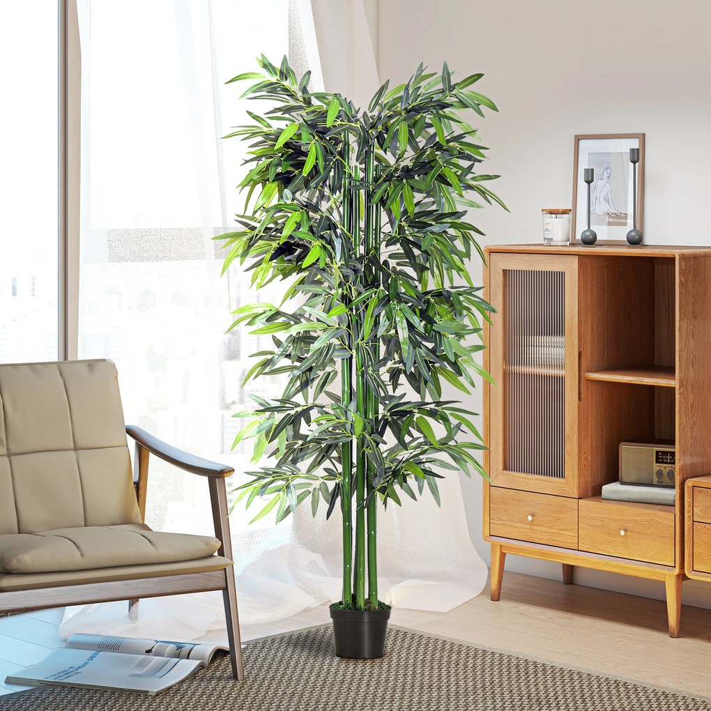 Bambu artificial XXL, 1,80 m de altura, árvore artificial, folhas densas e realistas, vaso incluído, preto e verde