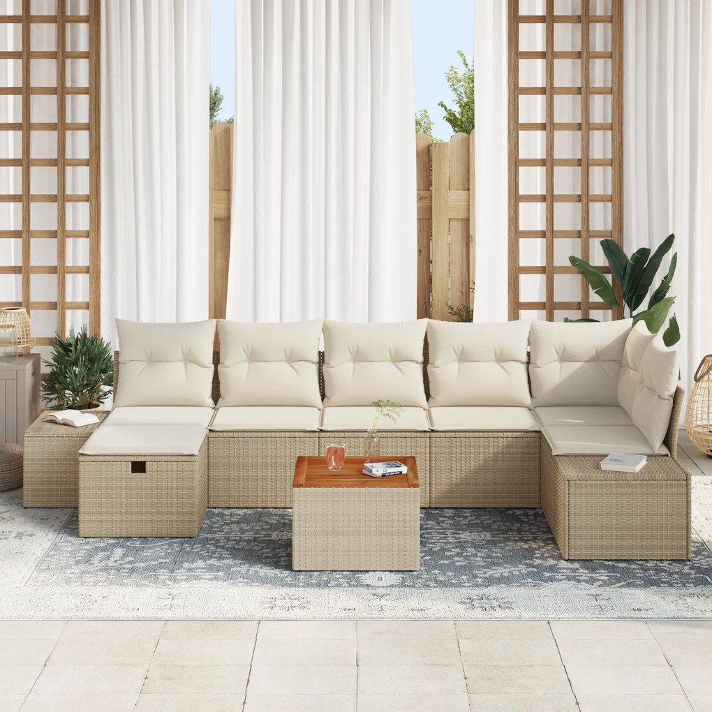 Conjunto de Sofá de Jardim de 8 peças com Almofadas Bege Rattan Poliva
