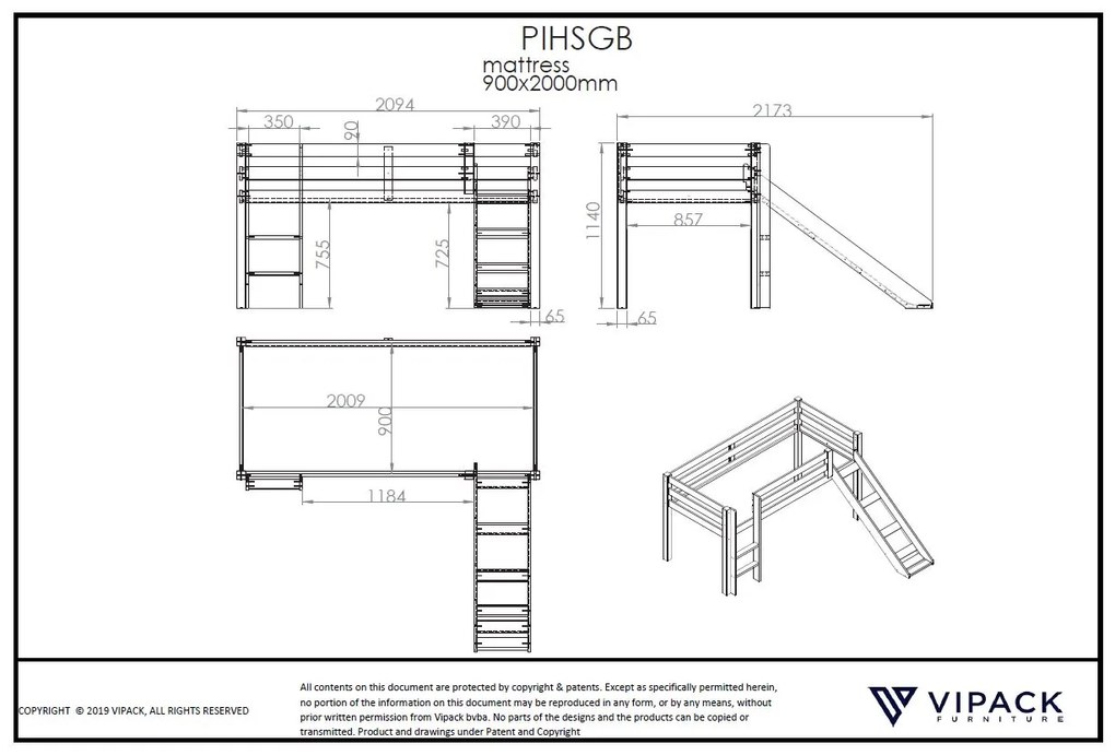 Conjunto Cama alta de Criança PINO 90 x 200 cm + estrado + escada + escorrega Branco