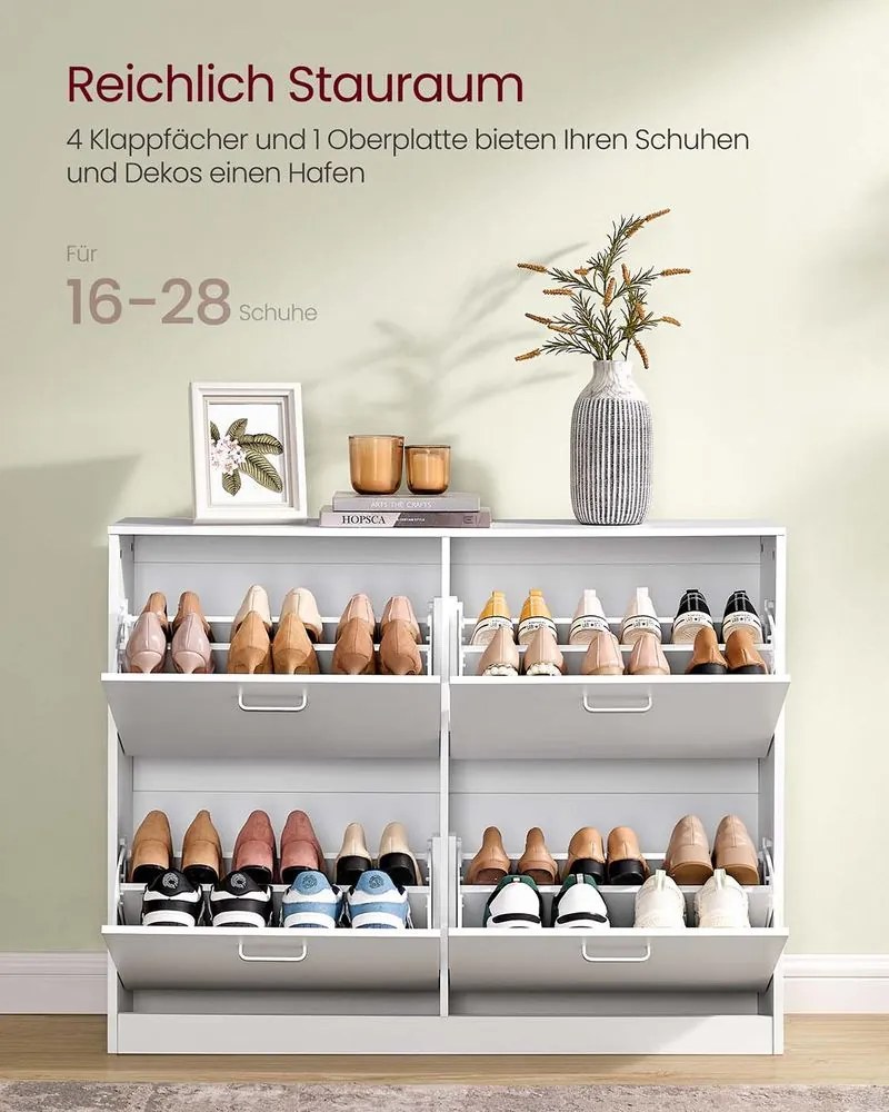 Armário para sapatos 24 x 105,5 x 82,7 cm com 4 portas e divisória ajustável em branco