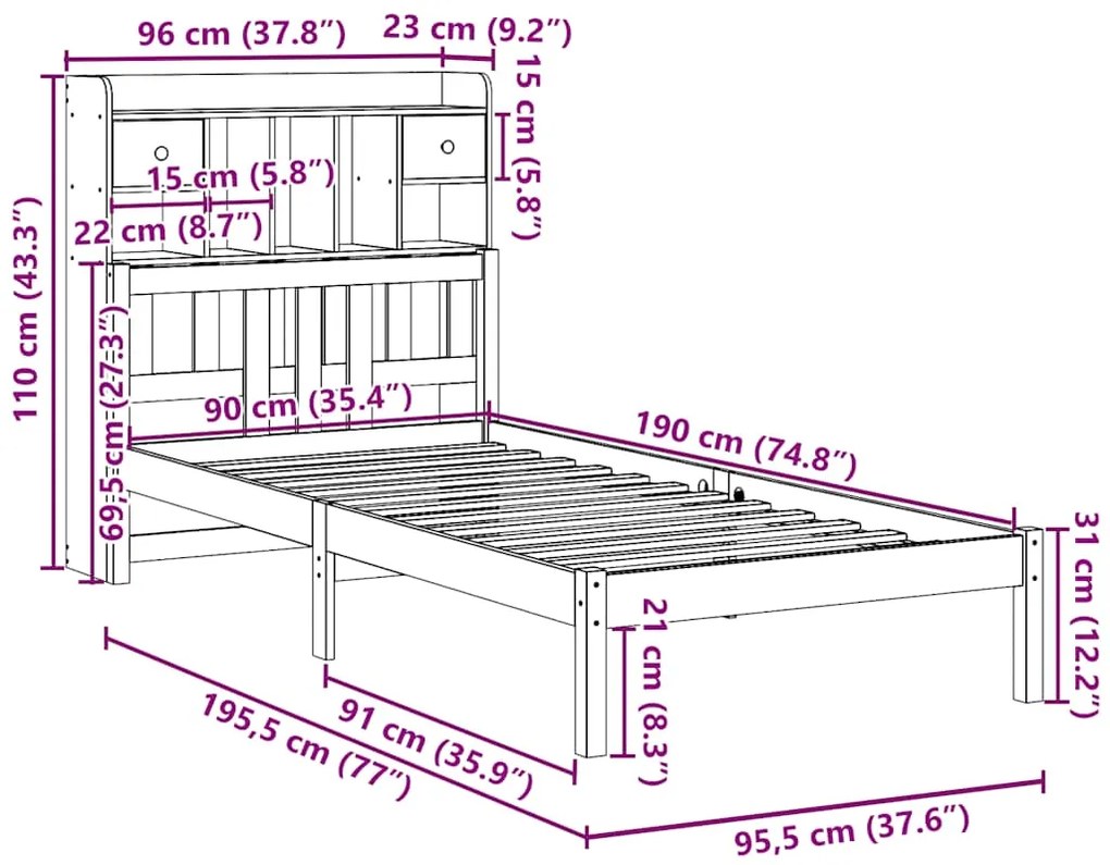 Cama com estante sem colchão 90x190 cm pinho maciço
