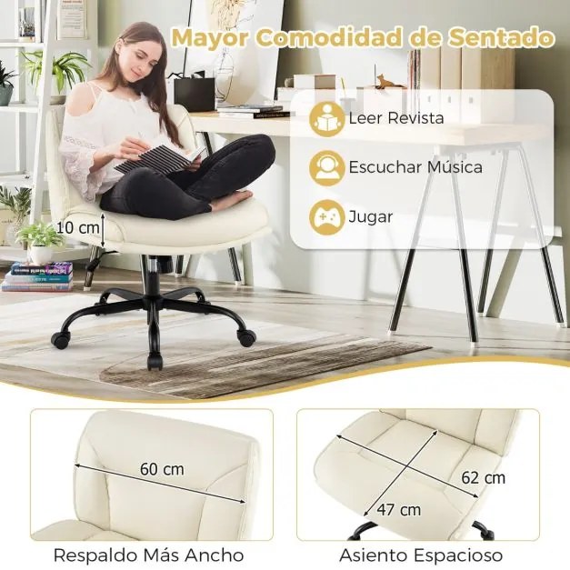 Cadeira de escritório sem braços em PU Altura ajustável Elevação a gás Giratória 360° Assento largo 72 x 72 x 82-90 cm Branca