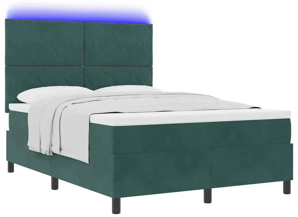 Cama Box Spring vidaXL com Colchão e LED Verde Escuro 140x200 cm Velud