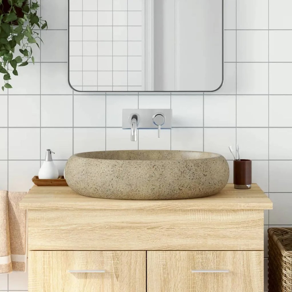 vidaXL Lavatório de bancada oval 59x40x15 cm cerâmica cor de areia