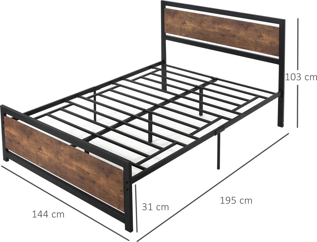 Estrutura de cama de casal em aço com base de cama e cabeceira, compatível com colchões de 190 x 140 cm (NÃO INCLUÍDO), com acabamento em madeira escu