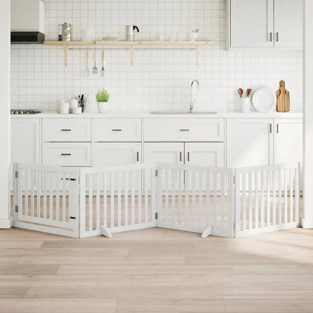 vidaXL Portão p/ cães com porta dobrável 4 painéis 320 cm álamo branco