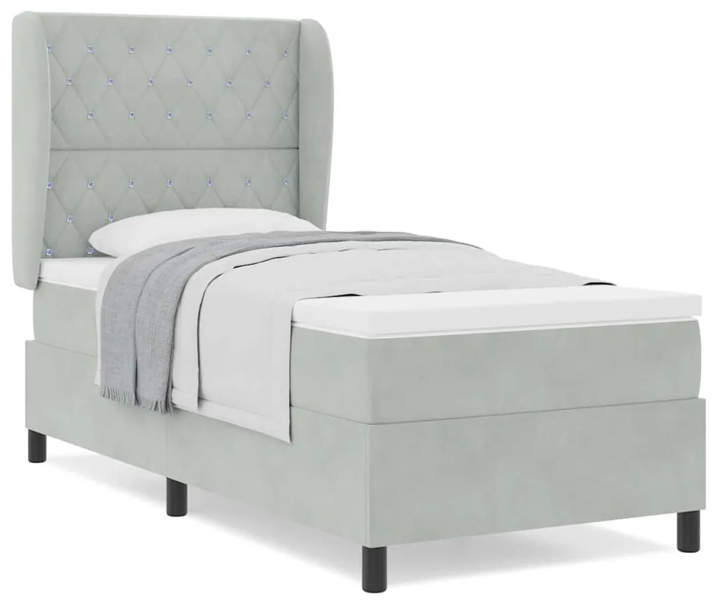 Cama Box Spring com Colchão - Cinza Claro - 90x200 cm - Veludo