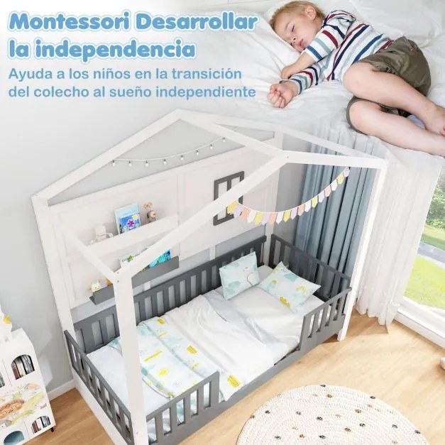 Estrutura cama de criança com prateleiras Grades para janelas e vedação Ripas de madeira 206 x 97 x 192 cm Branco e cinzento