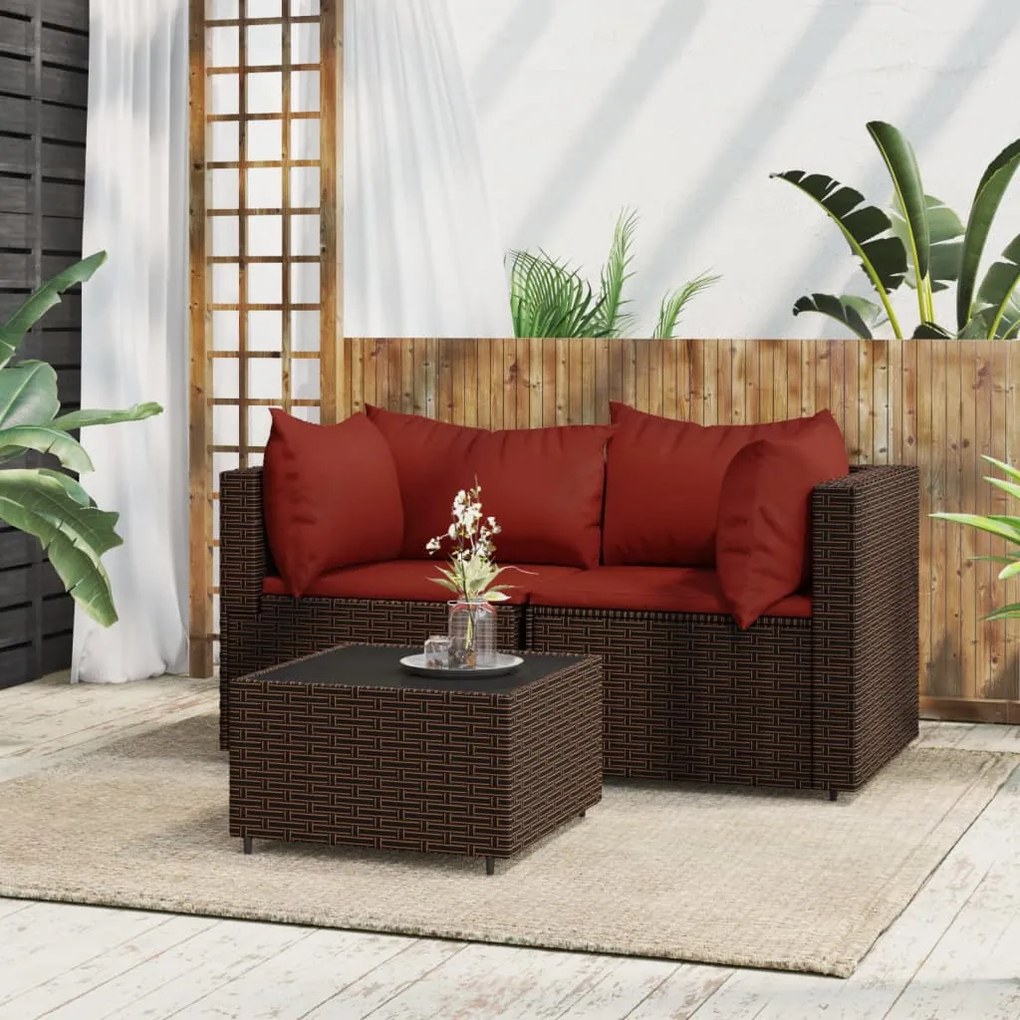 vidaXL 3 pcs conjunto lounge jardim c/ almofadões vime PE castanho