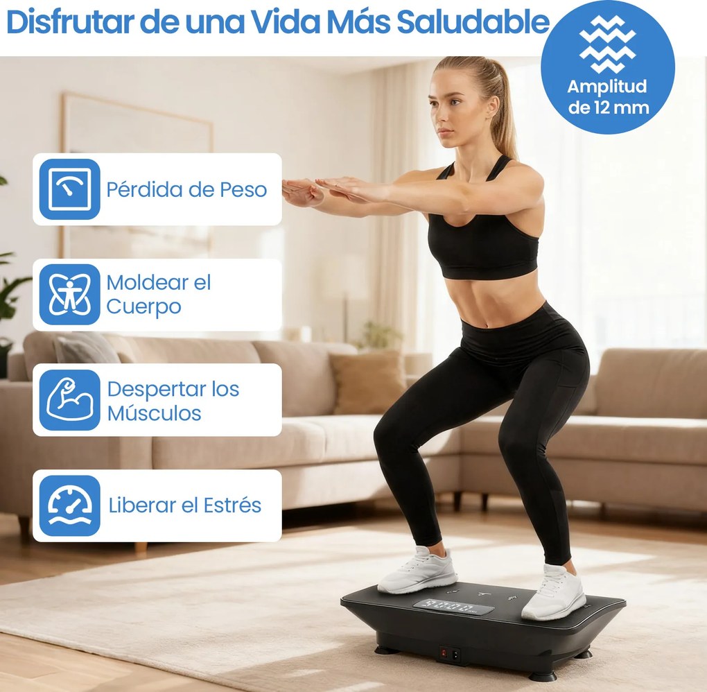 Plataforma vibratória com sensor de gravidade, 10 intensidades ajustáveis, comando à distância Bluetooth, máquina de treino para uso doméstico, Preta