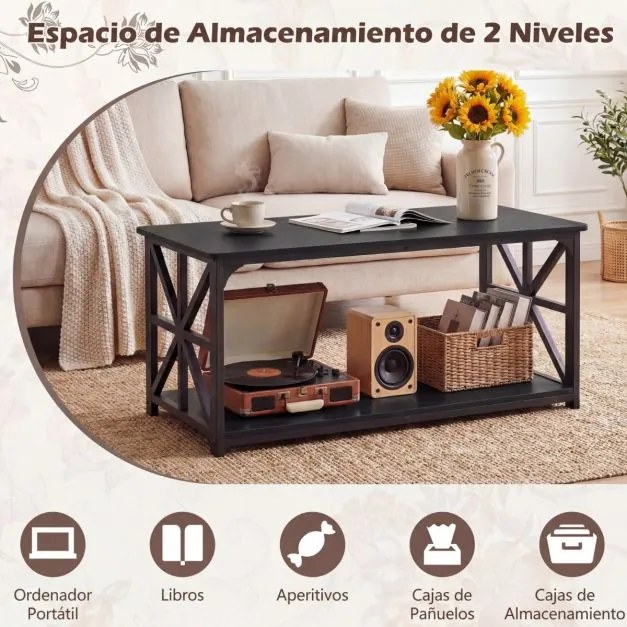 Mesa de centro de estilo industrial 109 x 50 x 48 cm, 2 níveis, prateleira aberta, estrutura metálica, para sala de estar, preta