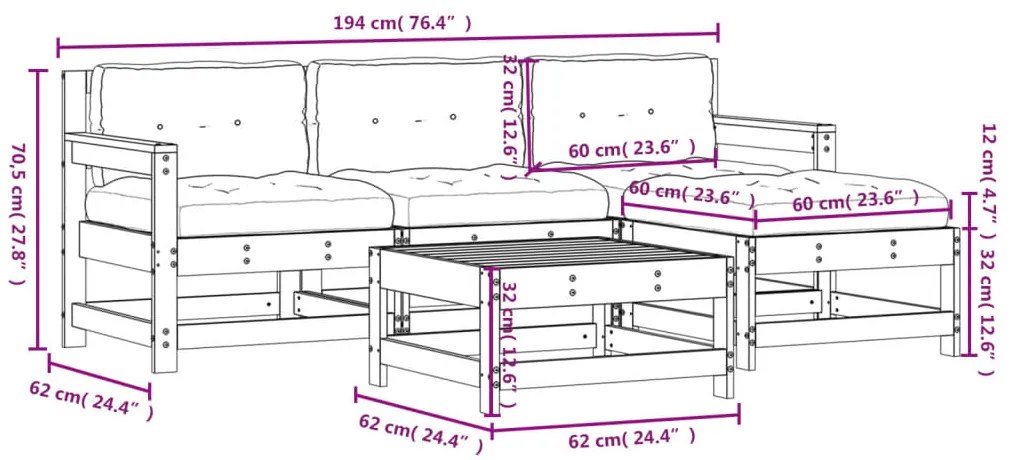 5 pcs conjunto lounge jardim com almofadões madeira maciça